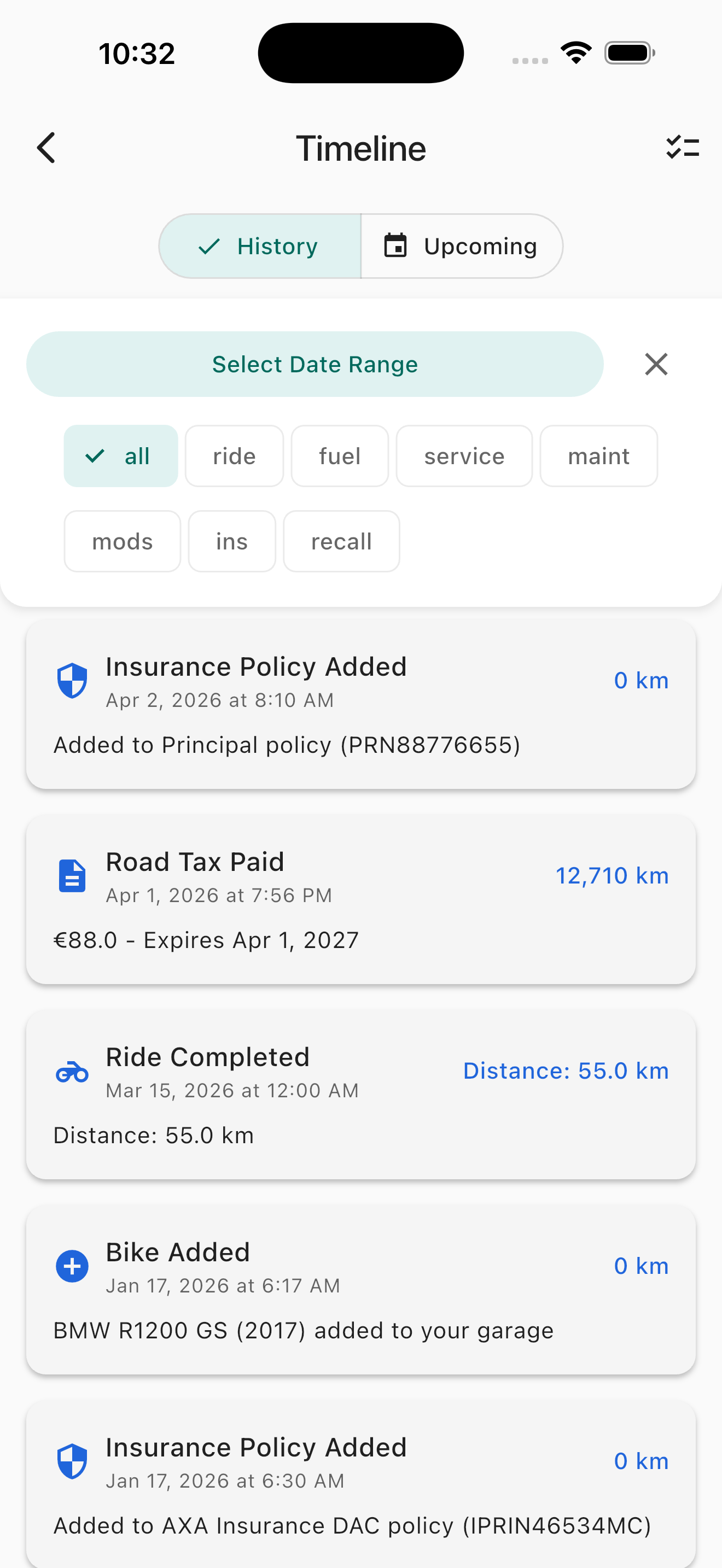 MotoLogger ride and activity timeline